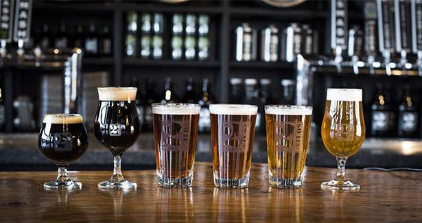 Some of the locally crafted beer at 2 Silos in Manasssas, arranged LTR from darkest (stout) to lightest (lager)